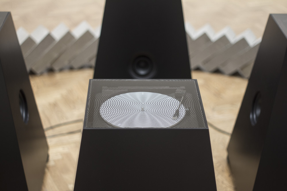 Indefinite Coda | custom printed records<br />Quartet | wood, glass, turntables, speakers<br />2015